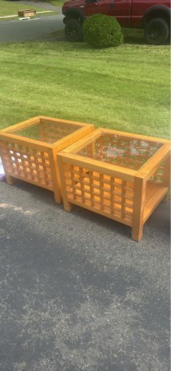 Matching Pair of Solid Wood Glass-Top Tables – Lattice Design