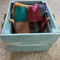 Handmade Wooden Box With Handles And Vintage Wool Blanket 