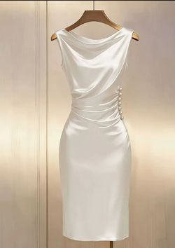 White Sleeveless Cowl Neck Dress with Pearl Embellishments
