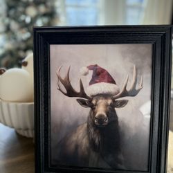 Vintage Style Moose In Santa Hat Christmas Print