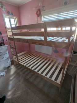Ikea twin bunk beds for free! Raw Pinewood with a free storage rolling shelf for underneath
