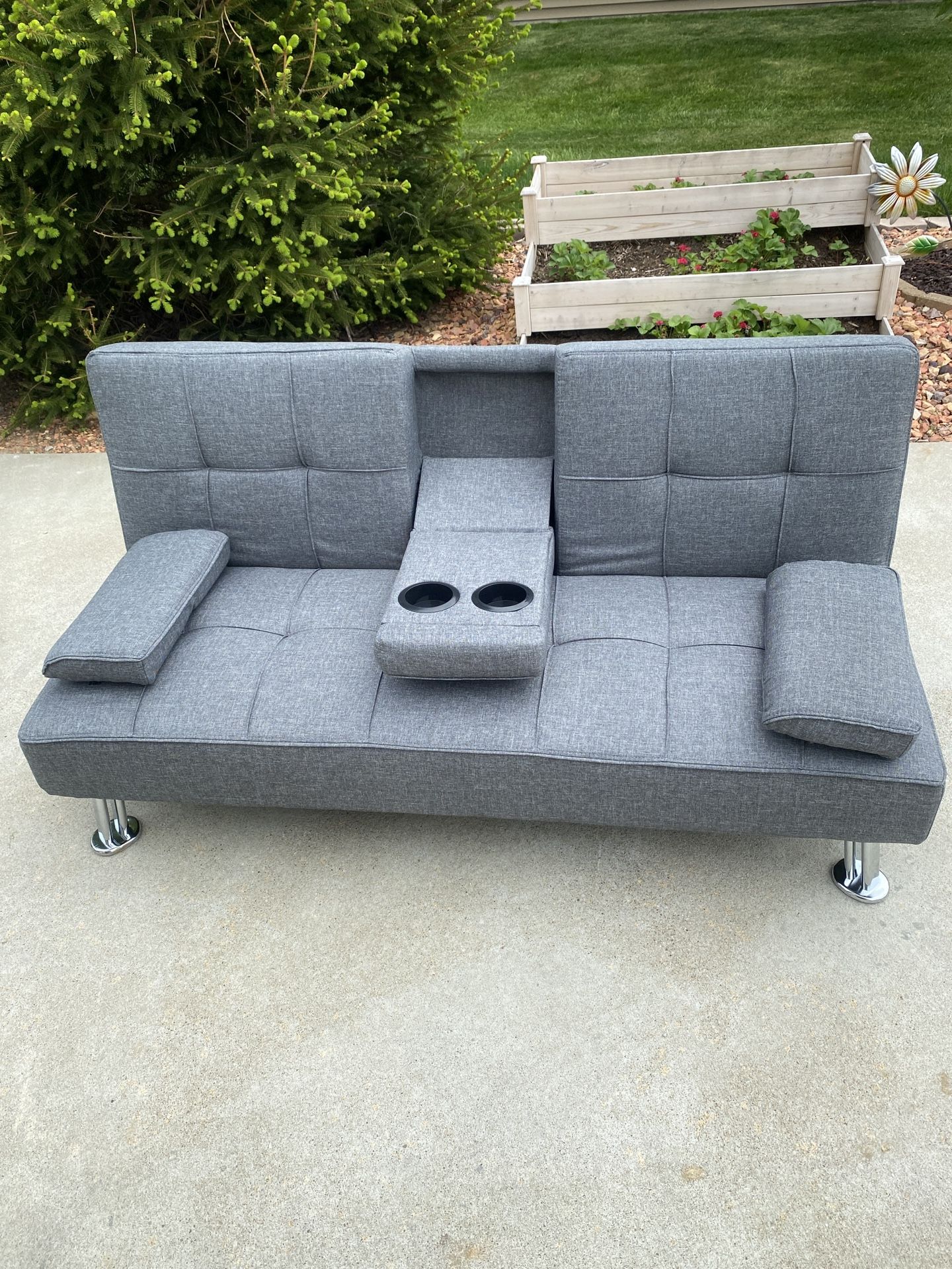 New Gray Linen Futon w/ Cupholders 