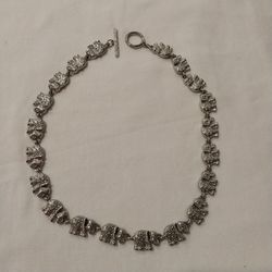 Vintage silver tone pave rhinestones elephant  panel link necklace toggle clasp  38.9 g