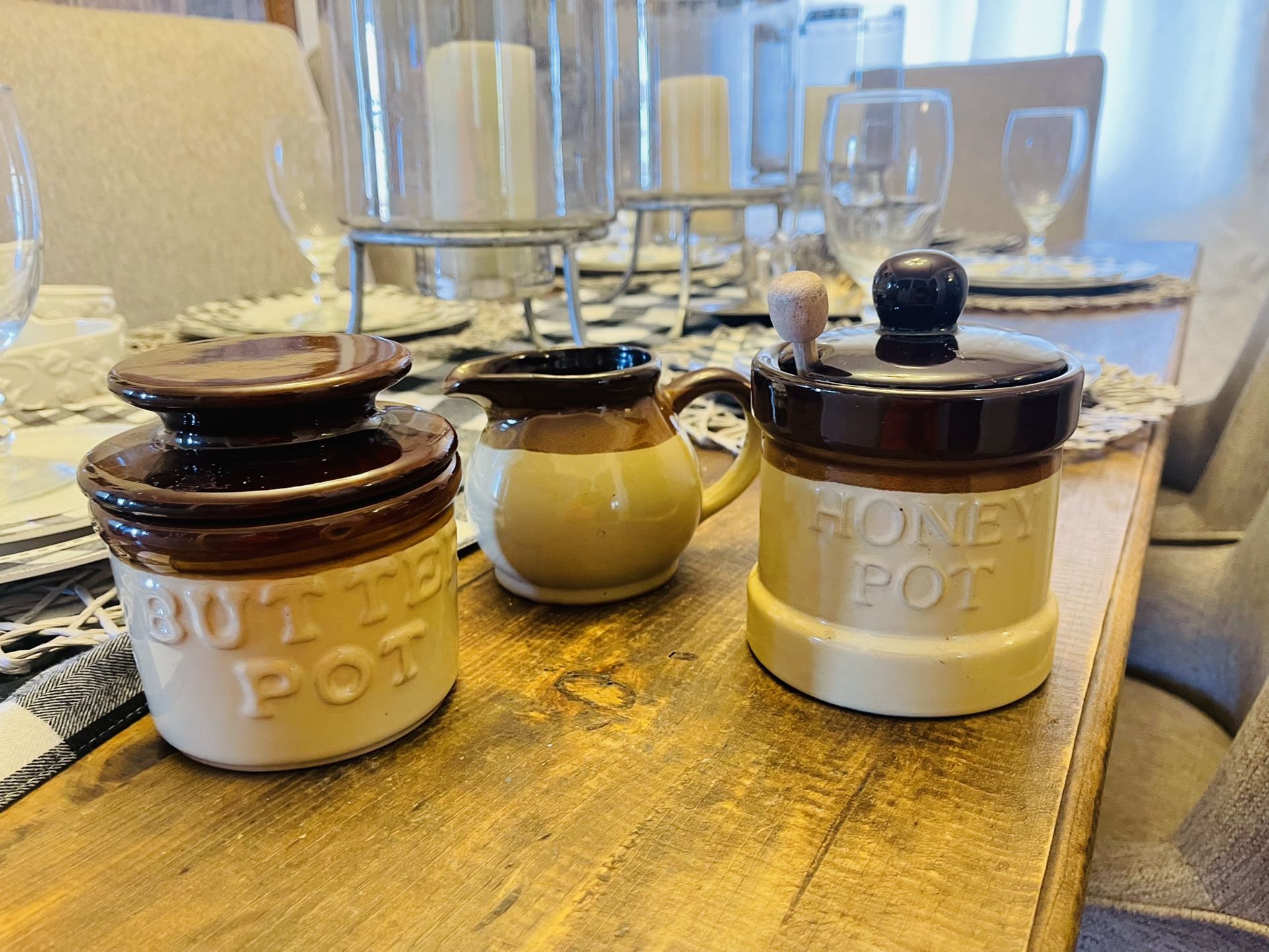 Set Of Three Brown Glaze Crock Stoneware Pots