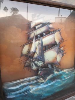 Framed Tall Ship Sailing Painting