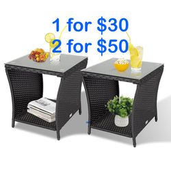 Wicker Side Table for Patio Set of 2, PE Rattan Outdoor Small End Table with Square Glass Top, 2 PCS Bistro Coffee Tables with Storage Shelf for Garde