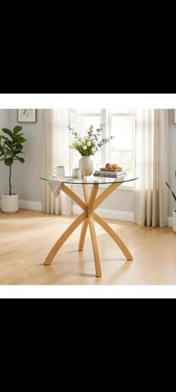 Modern Round Glass Dining Table with Natural Wood Legs ( Brand New, In Box ) For $70 FIRM PRICE