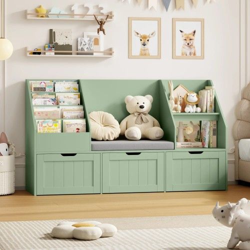 FPB-539.USATCN1064280
Kids Bookshelf with Reading Nook & 3 Movable Drawers, 2 Cube Bookcase with 4-Tier Book Racks, Toy Storage Organizer for Playro