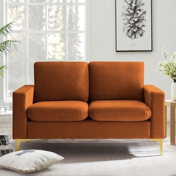 Velvet Loveseat With Gold Metal Legs Square Armrest Small Sofa Couch For Living Room (Orange)