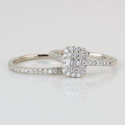 14K White Gold Baguette +Round-cut Diamond 2Pc. Wedding Ring Set