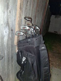 Callaway Irons, ping G45, Ping Eye2, Ping Anser, Ping Glide 4.0, and Ping bag as well as other clubs included