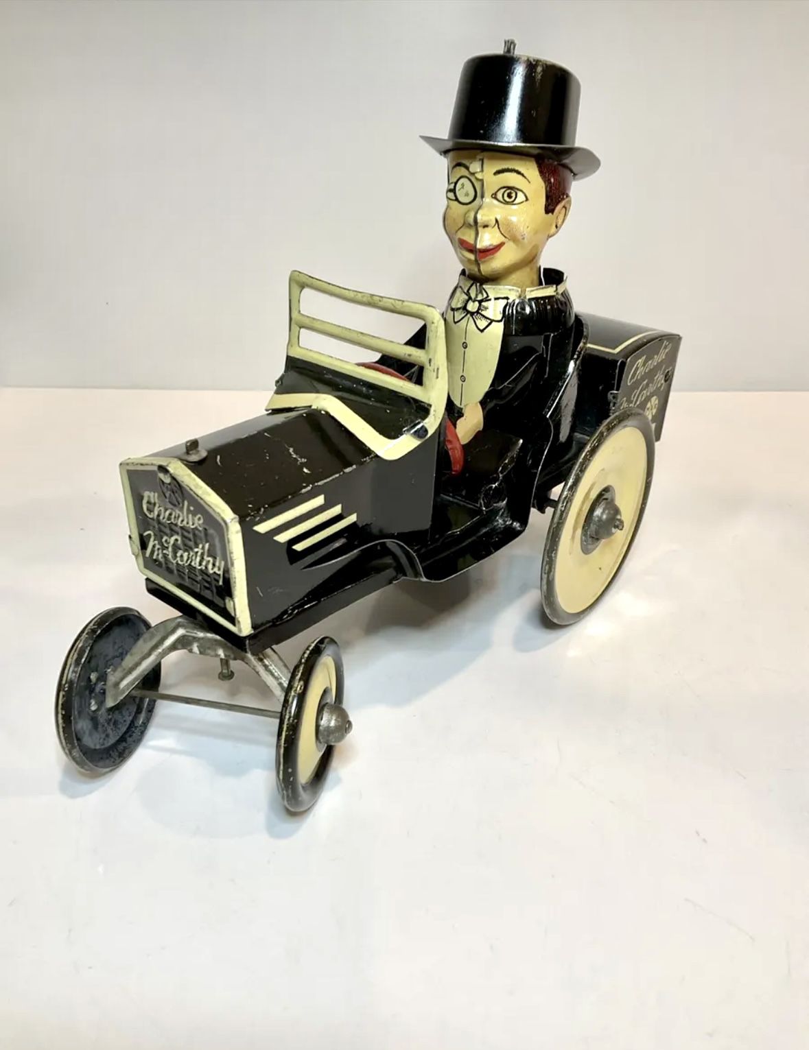 Vintage 1930’s Charlie McCarthy Benzine Buggy Marx Wind-up Tin Toy  Edgar Bergen