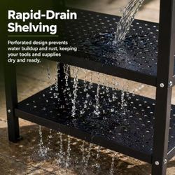 Outdoor stainless steel sink workstation with sink, foldable side table, and three-tier storage rack.