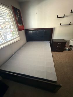 Queen bed frame, queen, boxspring, and matching nightstand.