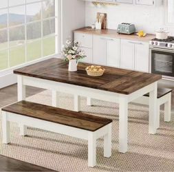 new assembled F1991 55" Dining Table Set, 3 Pieces Wood Kitchen Table with 2 Benches