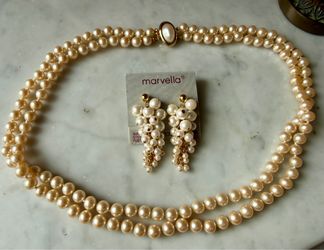 Vintage Marvella Faux Pearl Double Strand Necklace & Grapevine Earings