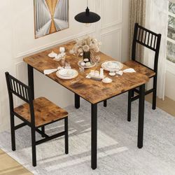 3 Piece Dining Table Set, Rustic Kitchen Table and Chairs Set, Thickened Solid Wood Carbon Plate, Breakfast Table Set for Small Spaces, Dining Room,