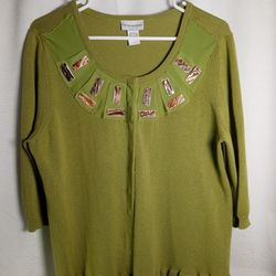 SOFT SURROUNDINGS Women's Large Green Light Knit Snap Front Cardigan Sweater 