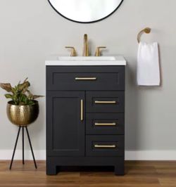 Style Selections Cauley 24-in Black Single Sink Bathroom Vanity with White Cultured Marble Top (Fully Assembled)