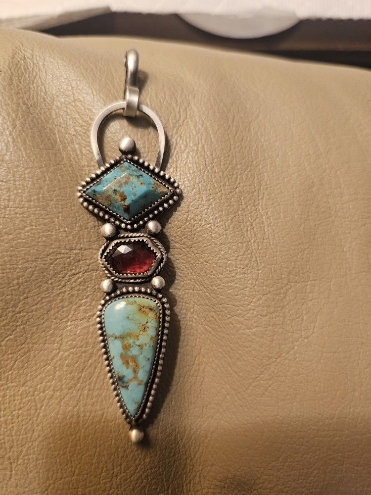 Genuine Turquoise, Garnet And Sterling Silver