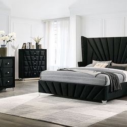 ART DECO INSPO BLACK VELVET QUEEN CAL OR EASTERN KING SIZE 4 PIECE BEDROOM SET BED DRESSER NIGHT STAND MIRROR - JUEGO RECAMARA CAMA TOCADOR
