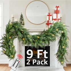 New Cedar Garland Realistic with Lights - 2 Pack Cypress Decorations 9ft for Mantle Lighted Faux Pine Garlands for Xmas Home Decoration Indoor