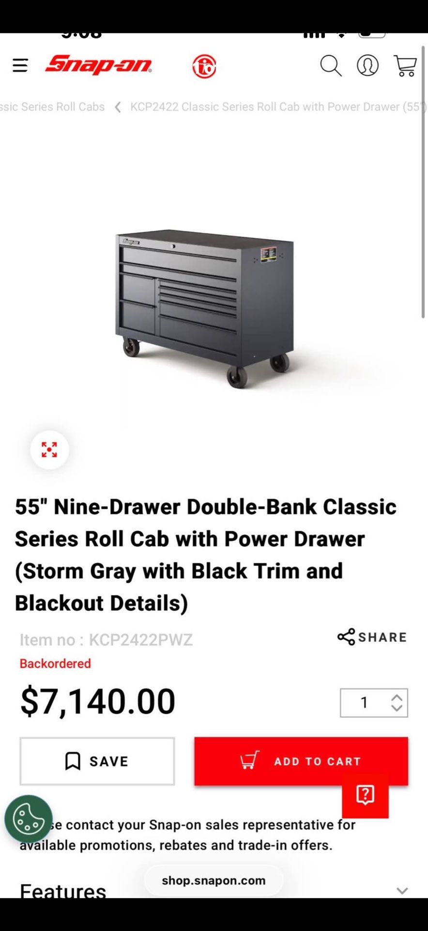 55" Nine-Drawer Double-Bank Classic Series Roll Cab with Power Drawer (Storm Gray with Black Trim and Blackout Details)