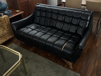 Genuine 1960s Mid Century Black Vinyl Tufted Sofa Couch Gondola Scoop MCM
