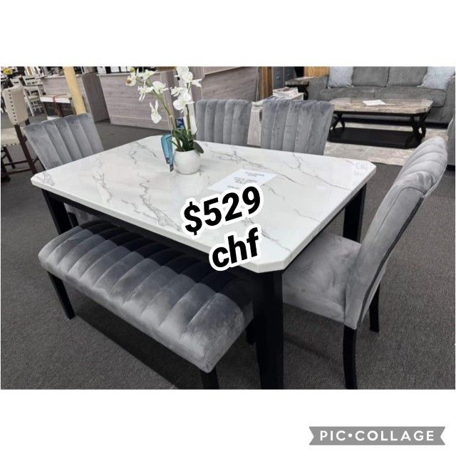 Thanksgiving 6 Piece Faux Marble Top Dining Table Set