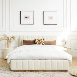 Queen Size Bed Frame Boucle Upholstered Headboard and Wooden Slats Support, No Box Spring Needed