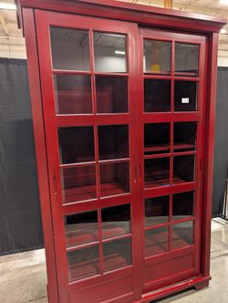 Vibrant Red Wood Display Cabinet with Glass Door and Open Shelving