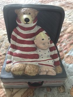 Sweet "Bear with toddler in a suitcase" Piggy Bank - Hand Painted - Vintage