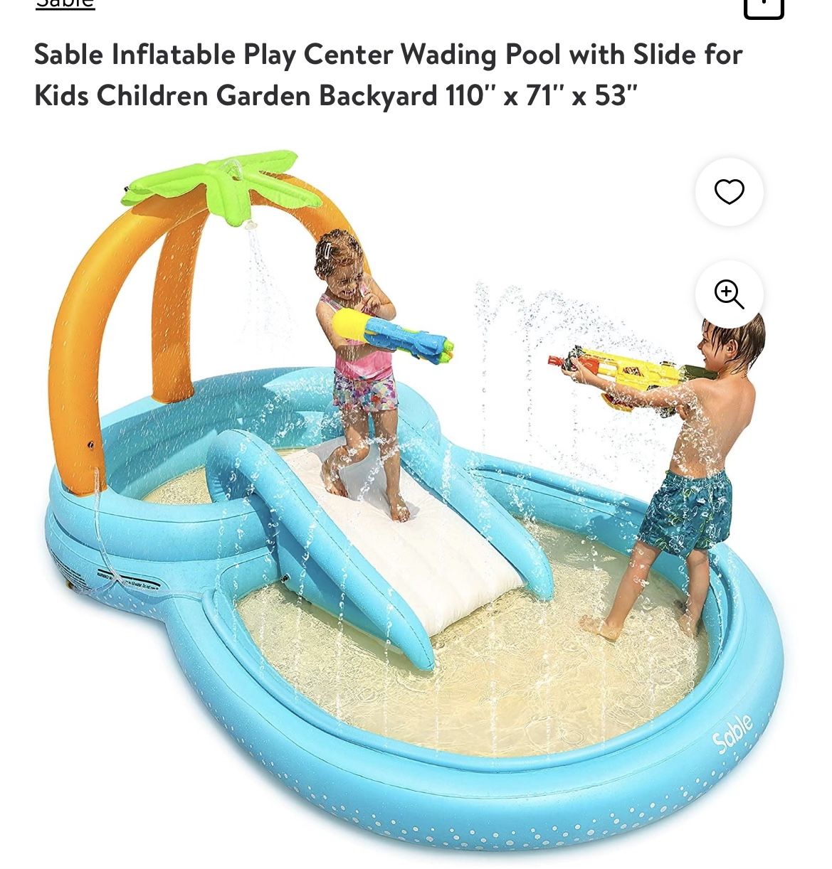 Sable Inflatable Play Center Wading Pool w/Slide for Kids Children Garden Backyard 110"× 71"x5 NEW  