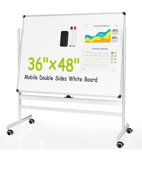 VUSIGN 36" x 48" Mobile White Board on Wheels, Double Side Dry Erase Board with Stand, Large Aluminum Frame Standing Rolling Whiteborad for Office, Ho