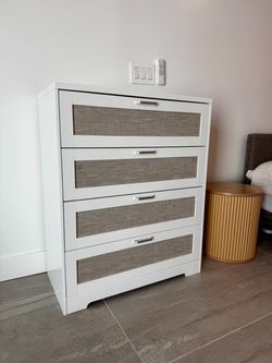 White 4-Drawer Dresser with Rattan Panels