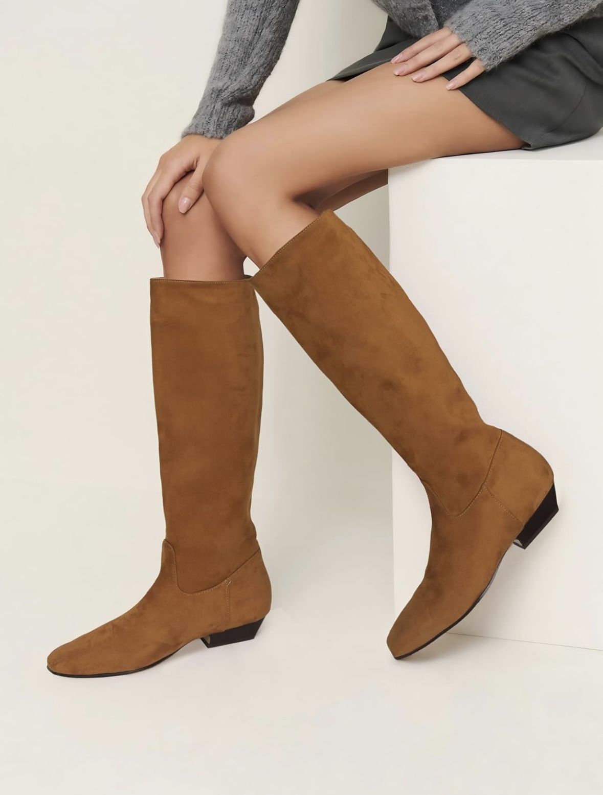 Women's knee-high Tan boots with a square toe