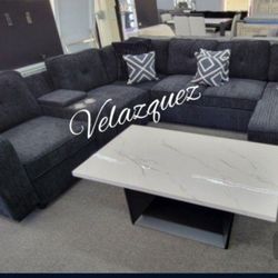 ✅️✅️4 pc black chenille fabric upholstered sectional sofa with USB pop up sleeper storage chaise✅️✅️