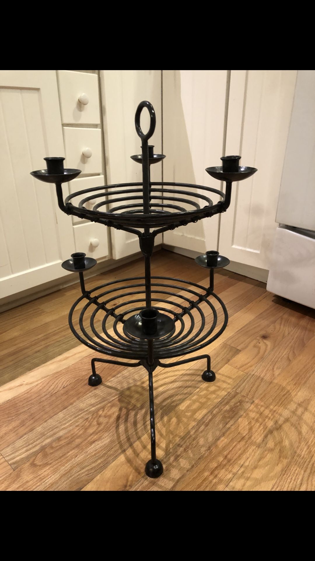 Two Tiered Black All Wrought Iron Tabletop Stand With Two “Baskets” And 6 Candle Holders .  
