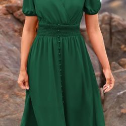 PRETTYGARDEN Women's Floral Wrap V-Neck Midi Dress Short Sleeve Boho Summer Beach Long Dress High Low Hem Smocked Dress Women