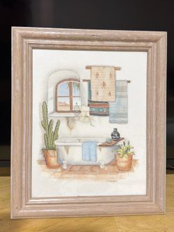 Vintage Carol Jean Green Southwestern Bathroom Print – Framed Cactus Bathtub Wall Art 12”Hx10” W