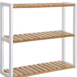 SONGMICS Bamboo Bathroom Shelf, 3-Tier Adjustable Plants Rack, Wall-Mounted or Stand, in The Living Room, Balcony, Kitchen, Natural and White UBCB13WN