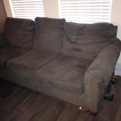 5 ITEMS. Loveseat & oversized chair with matching footstool  & large round table with small round table