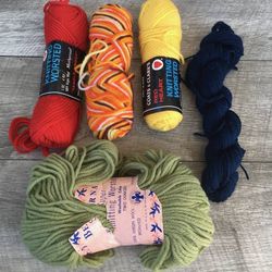 Mixed Vintage Lot Red Yellow Green Wool Yarn Red Heart Bernat Etc