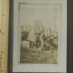 1920's 1930's Man Women Family Standing With Car Black White Original Photo Great Depression Era Vintage Antique Collectible 