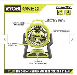 Ryobi 18V ONE+ Hybrid Whisper Series 7.5" Fan