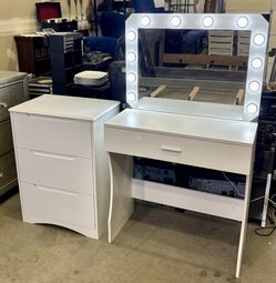 Kids White Vanity and Chest Set - 3 Drawer Chest - lighted vanity  