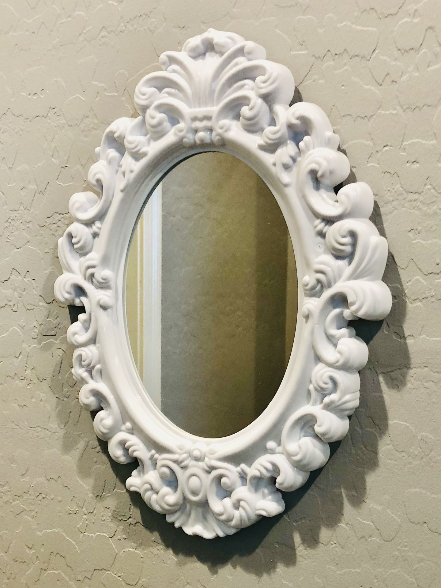 Adorable Small White Wall Mirror. Durable Plastic Frame. 13” T x 10” W