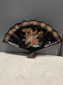 Vintage  Japanese Black Porcelain with Gold Trim  Fan Shaped Dish