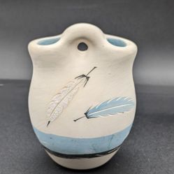VTG Navajo Pottery Jug Clay Ceramic 5" Tall Feather Design, Signed