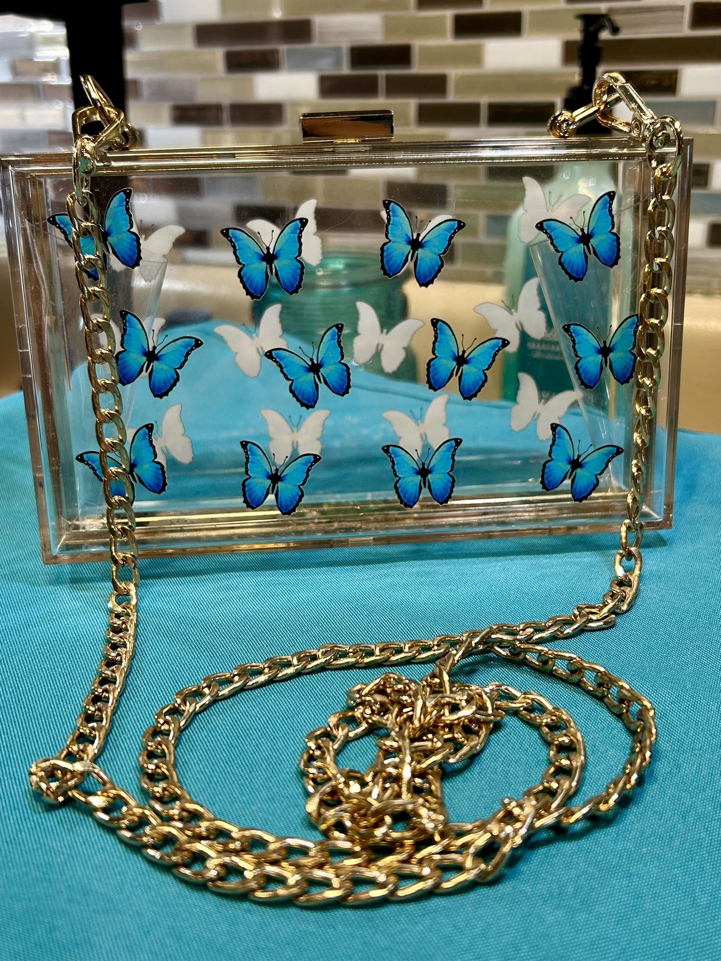 Adorable Ckear Acrylic Blue Butterfly Shoulder Clutch Bag